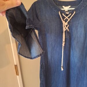 Y2K Vibes Blue Denim Jean Tunic Dress with Lace-Up Detail Bell Sleeve Sz XS